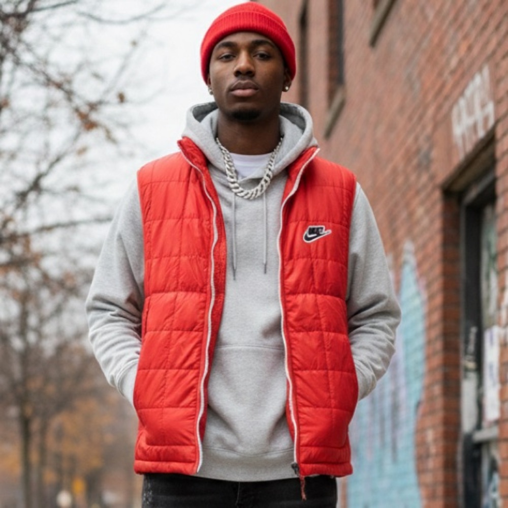 Nike Red Quilted Puffer Vest Full Sporty Athletic Streetwear Retro Size L